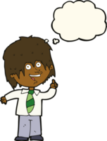 cartoon school boy with idea with thought bubble png