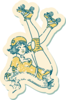 distressed sticker tattoo in traditional style of a pinup roller derby girl with banner png