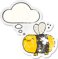 cute cartoon bee with thought bubble as a distressed worn sticker png