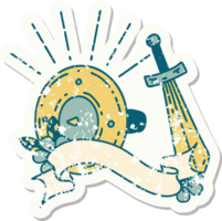 worn old sticker of a tattoo style shield and sword png