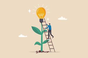 Creativity idea, solution or persuade success, climb up career ladder or business growth, improvement progress, personal development concept, businessman climb up ladder to reach lightbulb grow plant. vector