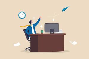 Success leadership or positive office atmosphere, winning work strategy, happiness in workplace or career development, work satisfaction concept, happy businessman working with office computer desk. vector