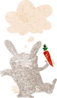 cartoon rabbit with carrot with thought bubble in grunge distressed retro textured style png