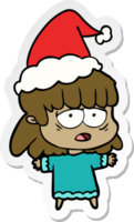 hand drawn sticker cartoon of a tired woman wearing santa hat png