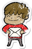 distressed sticker of a cartoon happy boy png