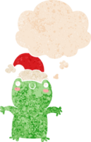 cute cartoon frog wearing christmas hat with thought bubble in grunge distressed retro textured style png
