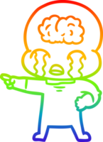 rainbow gradient line drawing of a cartoon big brain alien crying and pointing png