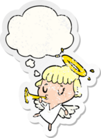 cartoon angel with thought bubble as a distressed worn sticker png