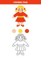 Color cute cartoon doll in red dress. Worksheet for kids. vector
