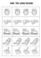 Find two the same toys. Black and white worksheet. vector