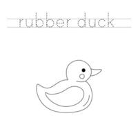 Trace the letters and color cartoon rubber duck. Handwriting practice for kids. vector