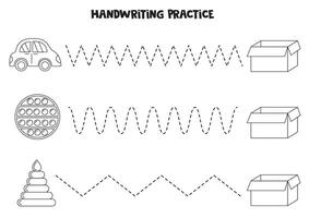 Tracing lines for kids with kids toys and box. Black and white worksheet. vector