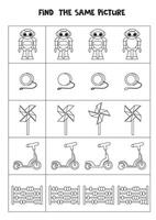 Find two the same toys. Black and white worksheet. vector