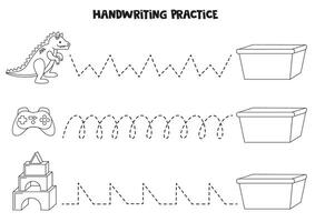 Tracing lines for kids with kids toys and box. Black and white worksheet. vector