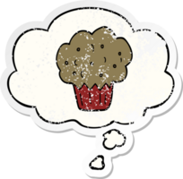 cartoon muffin with thought bubble as a distressed worn sticker png