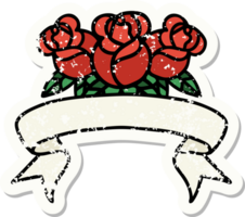 worn old sticker with banner of a bouquet of flowers png