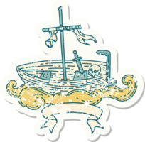 worn old sticker of a tattoo style empty boat with skull png