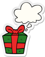 cartoon present with thought bubble as a printed sticker png