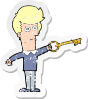 retro distressed sticker of a cartoon man with key png