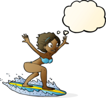 tekenfilm surfer meisje met gedachte bubbel png