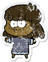 distressed sticker of a cartoon girl smiling png