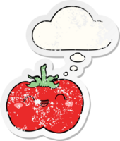 cartoon tomato with thought bubble as a distressed worn sticker png