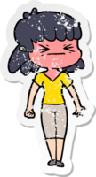 distressed sticker of a cartoon angry girl png