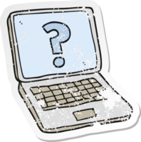 retro distressed sticker of a cartoon laptop computer with question mark png