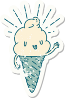 worn old sticker of a tattoo style ice cream character waving png