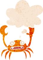 cartoon crab with thought bubble in grunge distressed retro textured style png