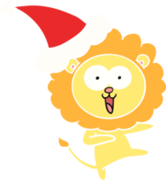 happy hand drawn flat color illustration of a lion wearing santa hat png