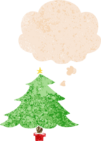 dessin animé Noël arbre avec pensée bulle dans grunge affligé rétro texturé style png