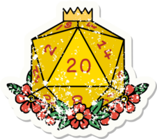 grunge sticker of a natural 20 D20 dice roll with floral elements png