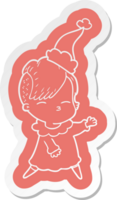 quirky cartoon  sticker of a squinting girl wearing santa hat png