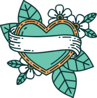 image emblématique de style tatouage d'un coeur et d'une bannière png