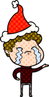 hand drawn comic book style illustration of a man crying wearing santa hat png