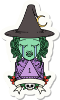 sticker of a crying half orc witch character with natural one roll png