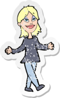 retro distressed sticker of a cartoon woman with no worries png