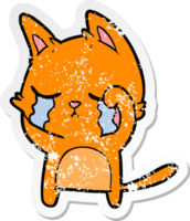 distressed sticker of a crying cartoon cat png
