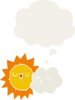 cartoon sun and cloud and thought bubble in retro style png