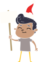 happy flat color illustration of a man with sign wearing santa hat png