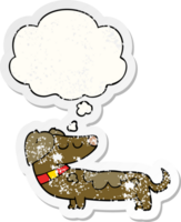 cartoon dog and thought bubble as a distressed worn sticker png