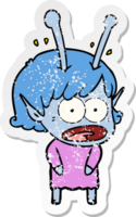 distressed sticker of a cartoon shocked alien girl png