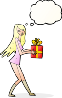 cartoon fashion girl with present with thought bubble png