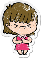 distressed sticker of a annoyed cartoon girl png