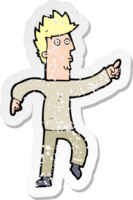 retro distressed sticker of a cartoon worried man pointing png