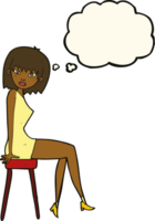 caricatura, mujer se sentar, en, taburete, con, burbuja del pensamiento png