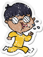 distressed sticker of a cartoon boy wearing spectacles and running png