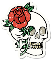 traditional distressed sticker tattoo of a skull and rose png