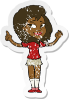 retro distressed sticker of a cartoon woman with idea png